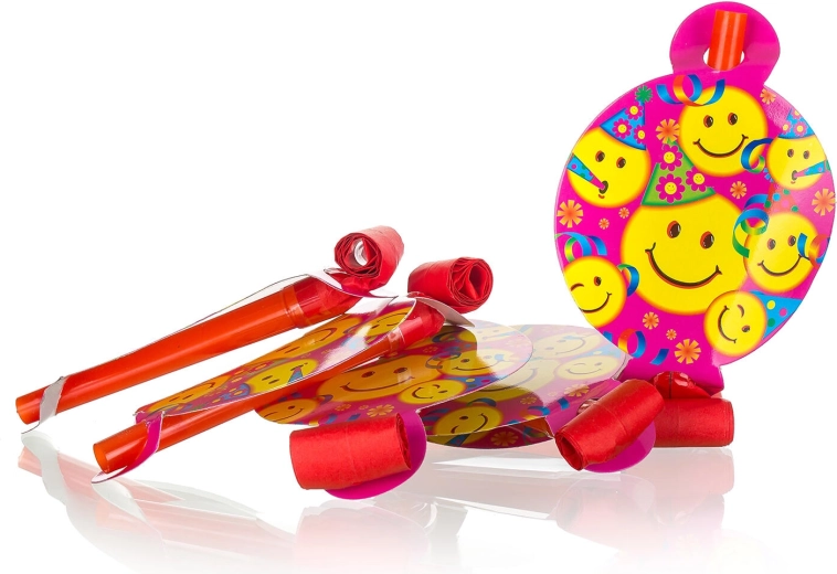 Party-Tröten mit Smileys und Ballons, 6 Stk.