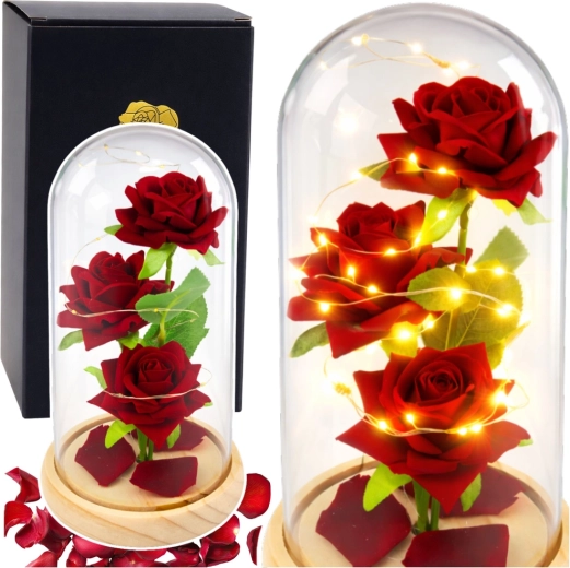 Ewige rote Rosen unter Glaskuppel mit LED-Beleuchtung 21,5 × 11 cm