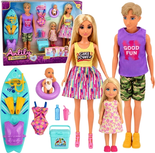 Anlily Familien-Puppenset – Surfer mit Baby und Strandzubehör