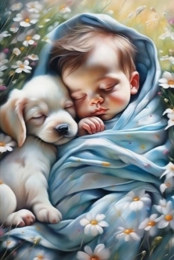 Norimpex Malen nach Zahlen Schlafendes Kind mit Hund 40 × 50 cm