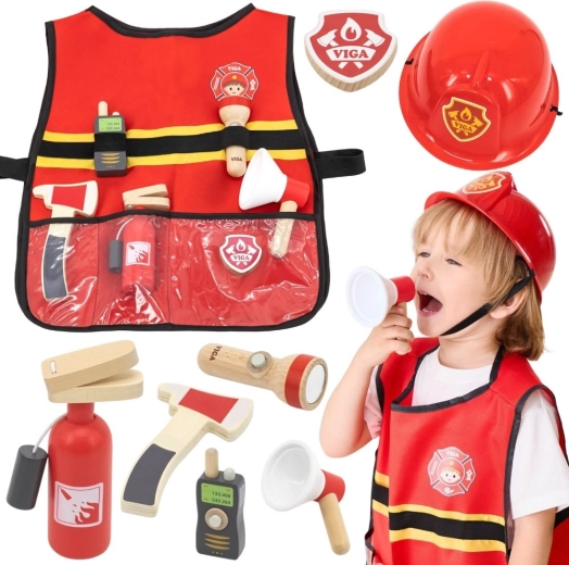 VIGA Feuerwehr-Verkleidung für Kinder mit Weste und Holz-Zubehör, 8-teilig