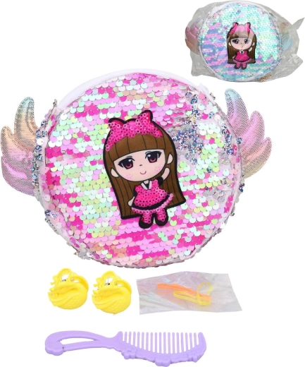 Kinder-Pailletten-Handtasche und Kosmetiktäschchen mit Friseur-Zubehör 20 × 15 cm – 1 Stück