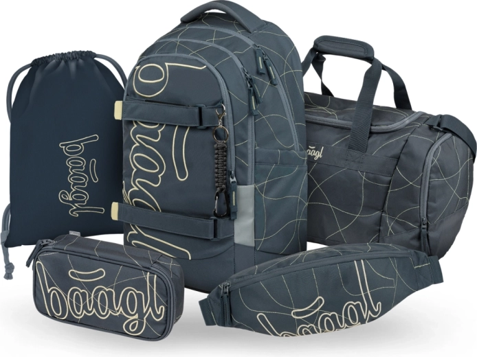 Baagl Schulset 5-tlg. Skate Max Wave – Rucksack, Federmäppchen, Beutel, Sporttasche und Bauchtasche (GRS)