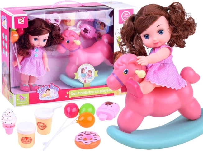 Puppe im rosa Polka-Dot-Kleid mit Schaukelpferd und Zubehör