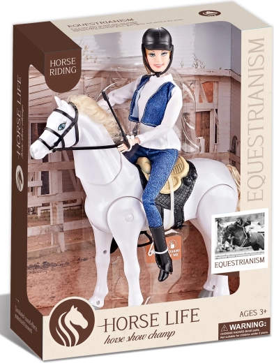 Reitpferd weiß mit Batteriebetrieb, mit Geräuschen und Reiterin