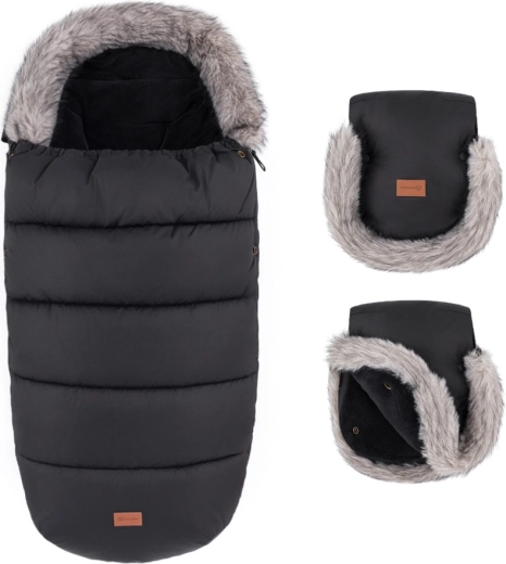 Petite&Mars Winterset: Fußsack Comfy 4v1 und Kinderwagenhandschuhe Furry forever black