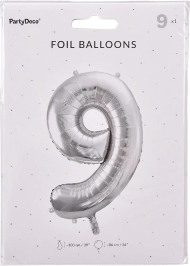 Folienballon Zahl 9 silber 86 cm