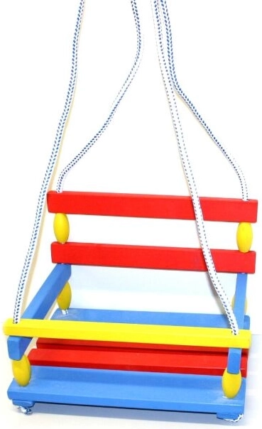 Bunte Holzschaukel mit Schutzbügel