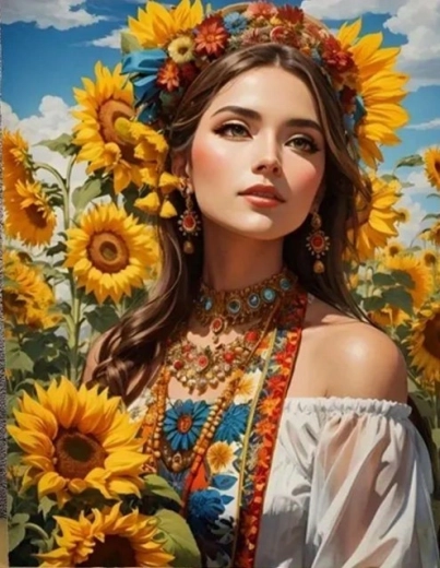 Diamantmalerei Slawin zwischen Sonnenblumen 30 × 40 cm