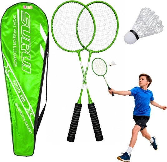 Grünes Badminton-Set mit 2 Schlägern, Ball und Tasche