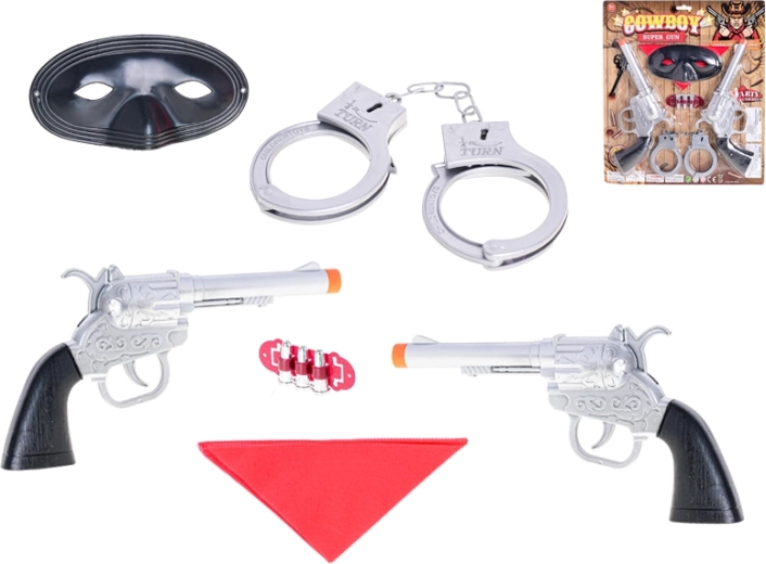 Cowboy-Set mit Pistolen, Handschellen und Maske – 2 Stück