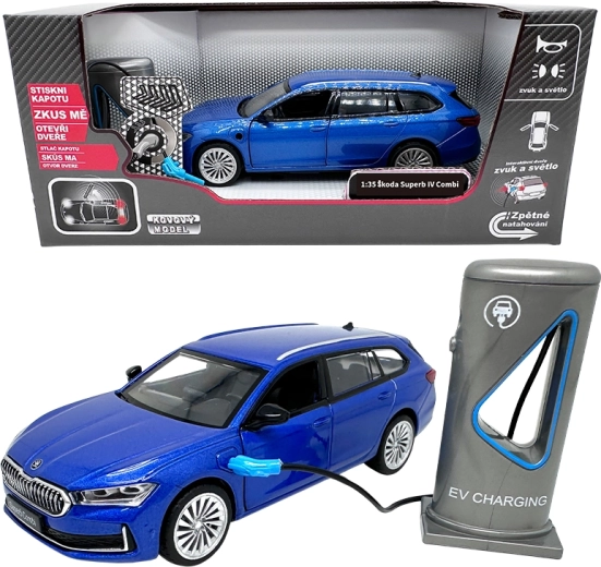 Metallmodell Škoda Superb IV Combi mit Ladestation, blau 1:35