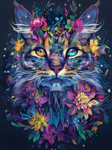 Diamantmalerei – Blumenporträt einer Katze 30 × 40 cm