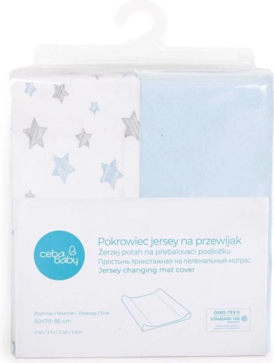 Ceba Baby Bezug für Wickelauflage 50 × 70 cm, 2 Stk., Blue + Blue Stars