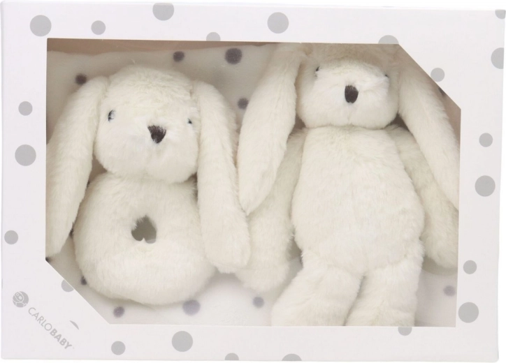 Carlo Baby Geschenkset für Babys mit Häschen, Rassel und Decke, weiß