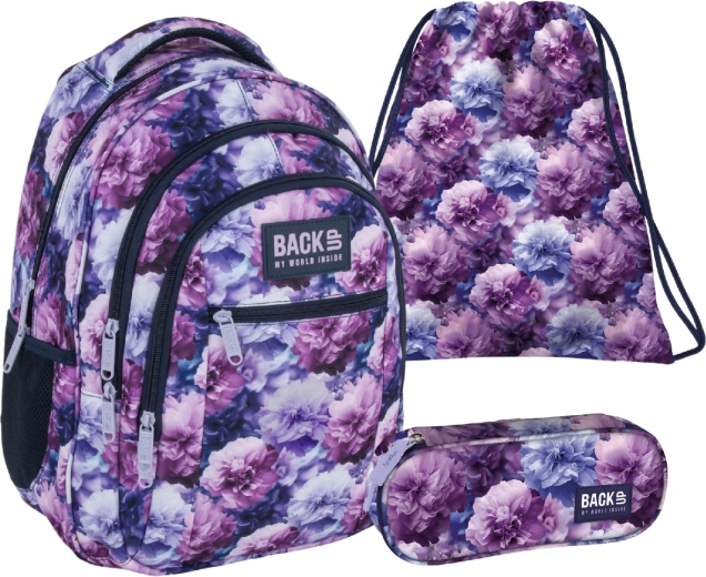 Schulset BackUP Violet Flowers 3-in-1 – Rucksack, Federmäppchen und Turnbeutel