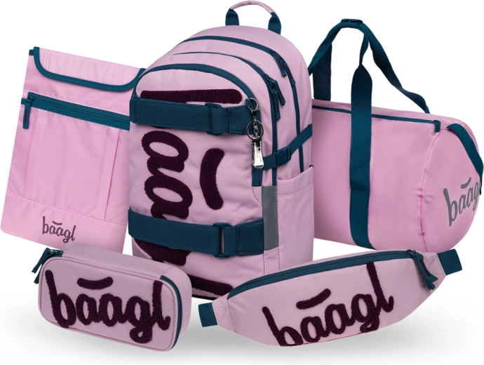 Baagl Set Skate Rose: Schulrucksack, Federmäppchen, Sporttasche, Bauchtasche und Laptop-Hülle GRS