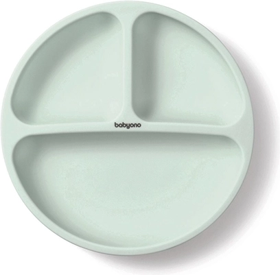 BabyOno Silikonteller mit Saugnapf, unterteilt – Salbeigrün, 6M+