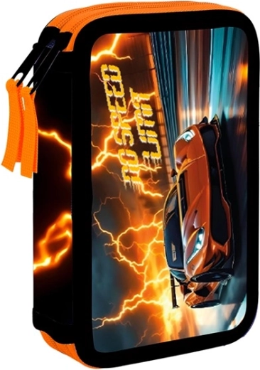 Doppelstöckiges Schulmäppchen mit Auto-Motiv, leer