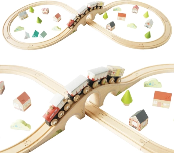 Le Toy Van Holz-Eisenbahnstrecke in Form einer Acht mit Brücke und Städtchen (40 Teile)