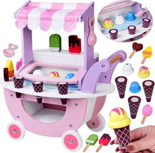 Mobiler Eiswagen aus Holz für Kinder mit Zubehör