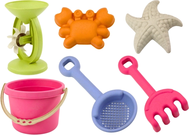 Pastellfarbenes Sandspielzeug-Set mit Eimer, Mühle, Sieb und Förmchen