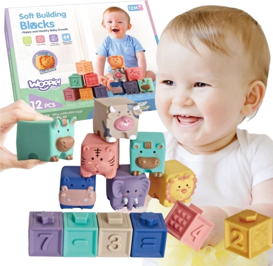Sensorische Würfel WOOPIE BABY zum Drücken und Lernen – 12 Stück