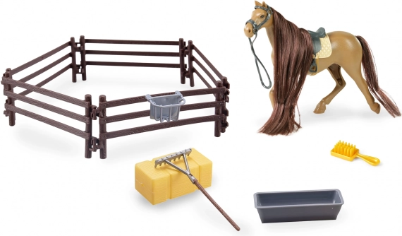 Braunes Pferd mit Zubehör und Zaun 14 cm
