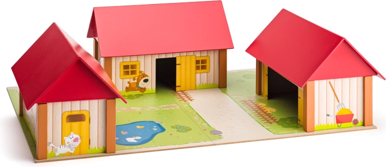 Holz-Bauernhof mit drei Gebäuden und Spielmatte