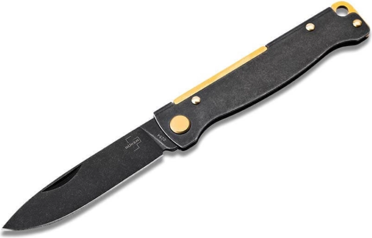 Taschenmesser Böker Plus Atlas, 7,2 cm, schwarze Blackwash-Oberfläche, Messingelemente