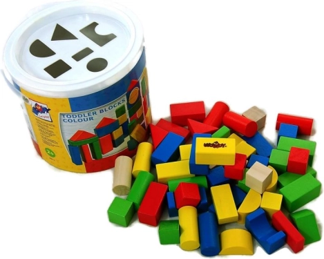 Holzbausteine für Kleinkinder im Eimer mit Formensortierer