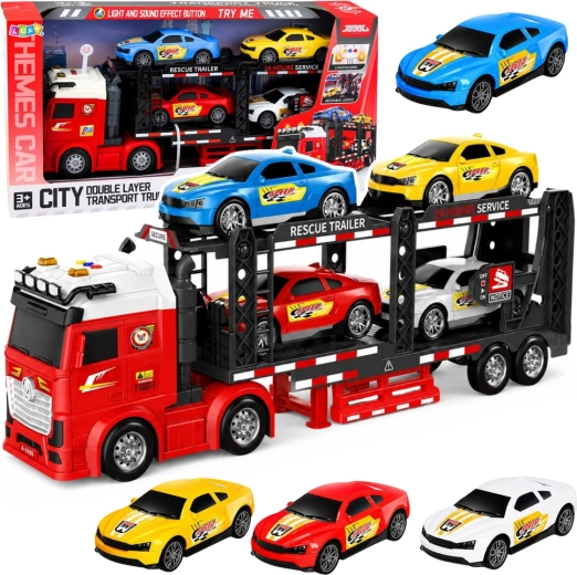 Transport-Lkw – Autotransporter mit 4 Sportwagen, Licht und Sound
