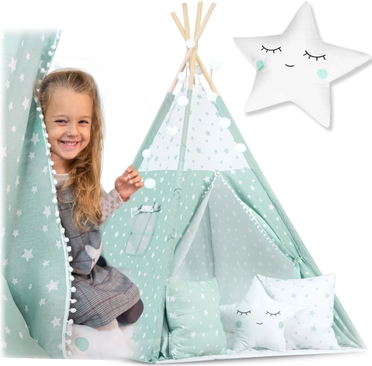 Kinder-Tipi mit Lichterkette – Mint mit Sternchen