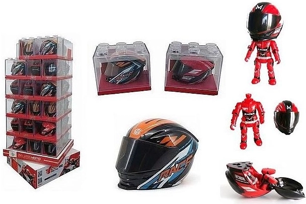 Zusammensteckbare Motorradfahrer-Figur in einem Helm