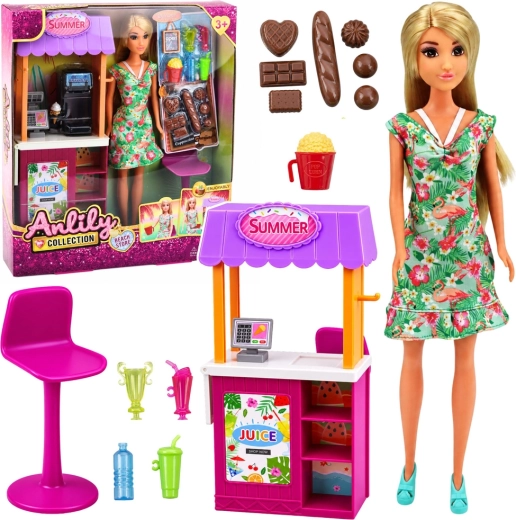 Anlily Puppe Verkäuferin mit Getränk- und Snackstand 30 cm