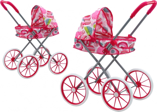 Puppenwagen mit großen Rädern, faltbar, rosa mit Mustern
