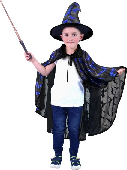 Kinder-Zauberumhang mit Fledermaus-Print und Hut, schwarz