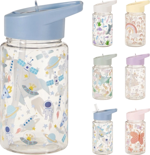 Kindertrinkflasche mit Strohhalm 450 ml – Mix aus Farben und Motiven