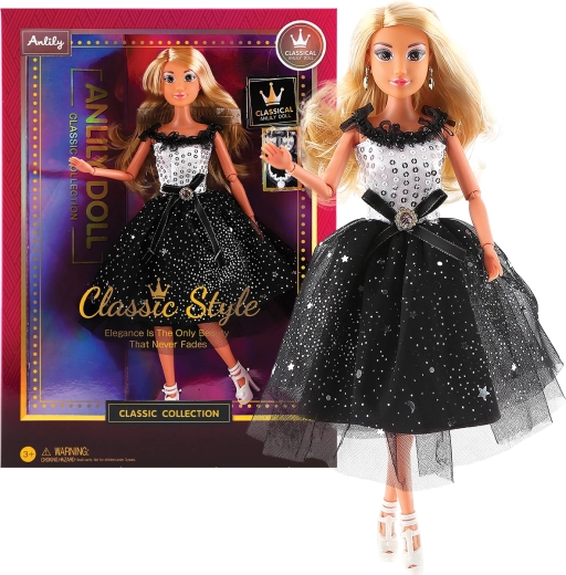 Modische Puppe in schwarz‑weißer Abendgarderobe