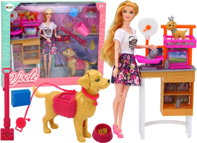 Erlebnis-Set mit Puppe und Haustieren – tierärztliche Pflege und Grooming