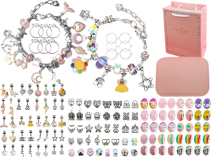 Kreativ-Set zum Basteln von Schmuck und Armbändern mit Anhängern und Perlen (regenbogen-rosafarbener Mix) mit Etui