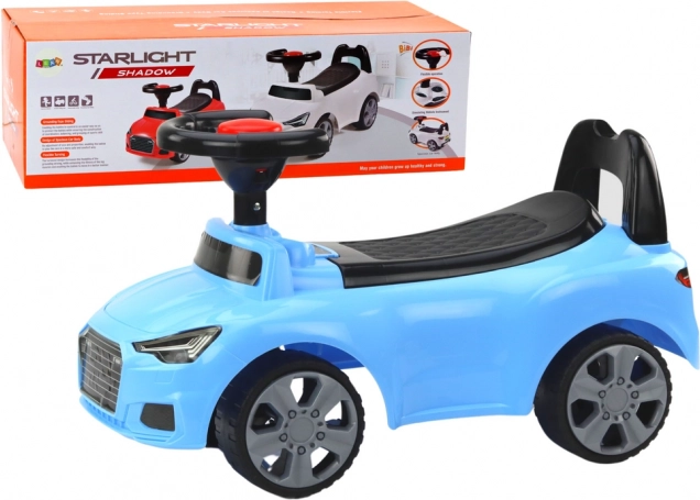 Blaues Rutschauto mit Rückenlehne und Hupe