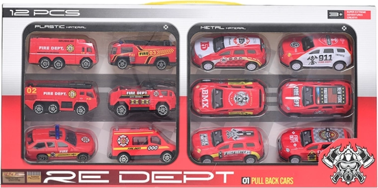 Set aus 12 Feuerwehr-Spielzeugautos mit Freilauf und Rückzugsmotor