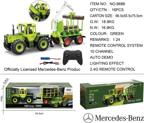 Grüner RC-Traktor Mercedes-Benz mit Holzanhänger und Kran im Maßstab 1:24