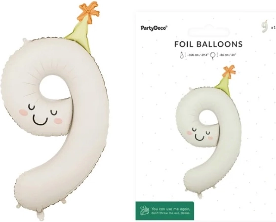 Folienballon Zahl 9, cremefarben, mit Gesicht