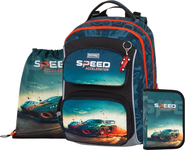 Schulset OXY Jumper Auto – Rucksack, Federmappe und Beutel für Hausschuhe