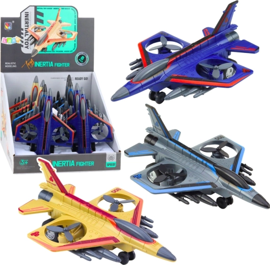 Militärischer Jet mit Schwungrad und rotierenden Propellern