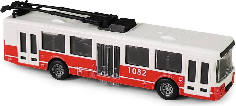 Roter Oberleitungsbus mit Schwungradantrieb und zu öffnenden Türen
