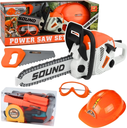 Kinder-Werkzeugset mit Motorsäge, Helm und Brille mit Sounds