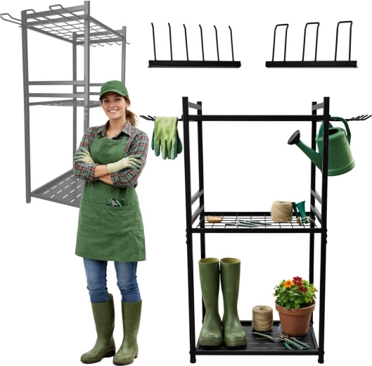 Metallständer für Gartengeräte mit Haken und Regalböden LUARO